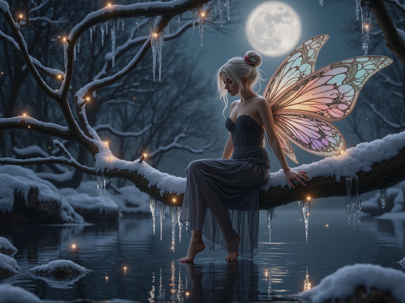 Ice Fairy on Snowy Branch by a Moonlit Lake