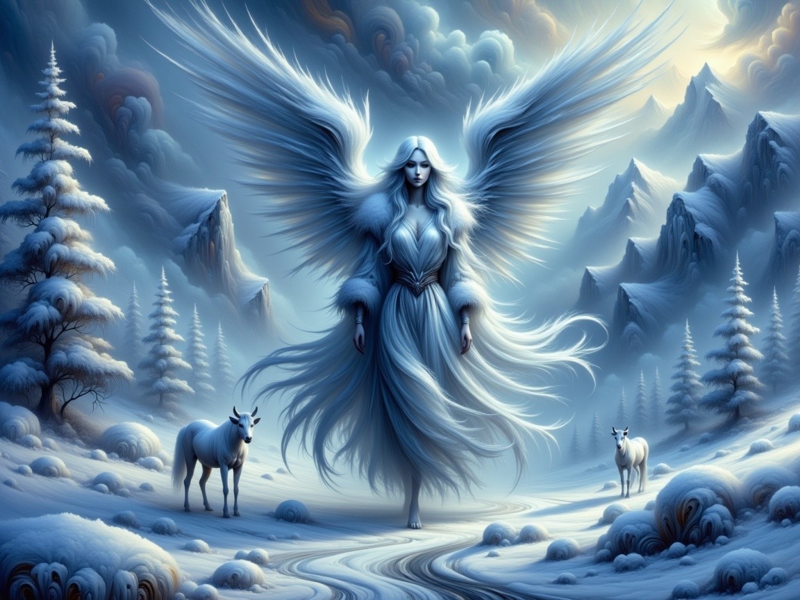 Serene Winter Landscape with Majestic Angel and Goats