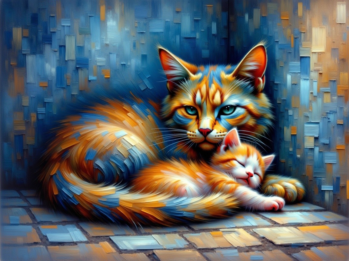Vibrant Digital Artwork of Cat and Kitten Together