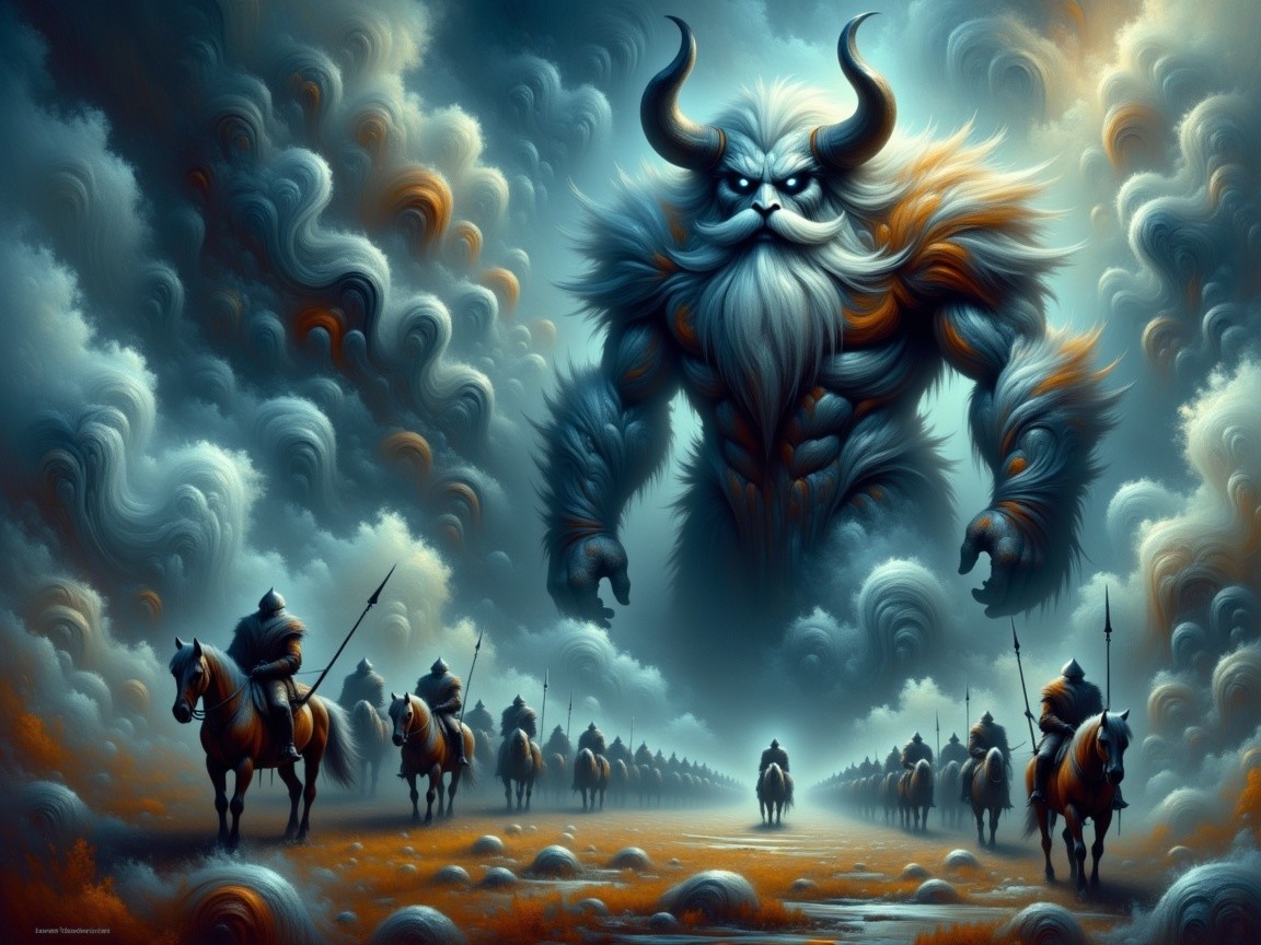 Colossal Horned Creature Overlooks Armored Riders