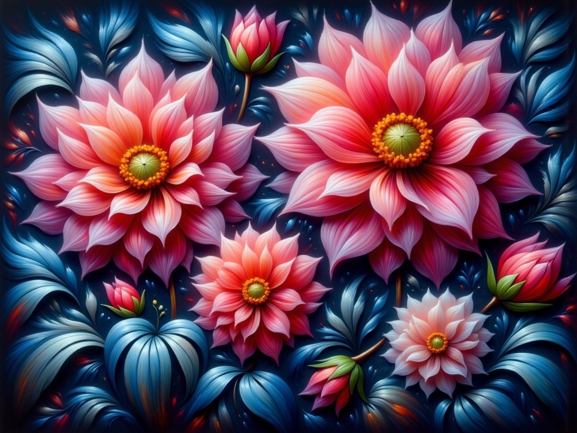 Oversized Pink and Coral Flowers with Green Leaves