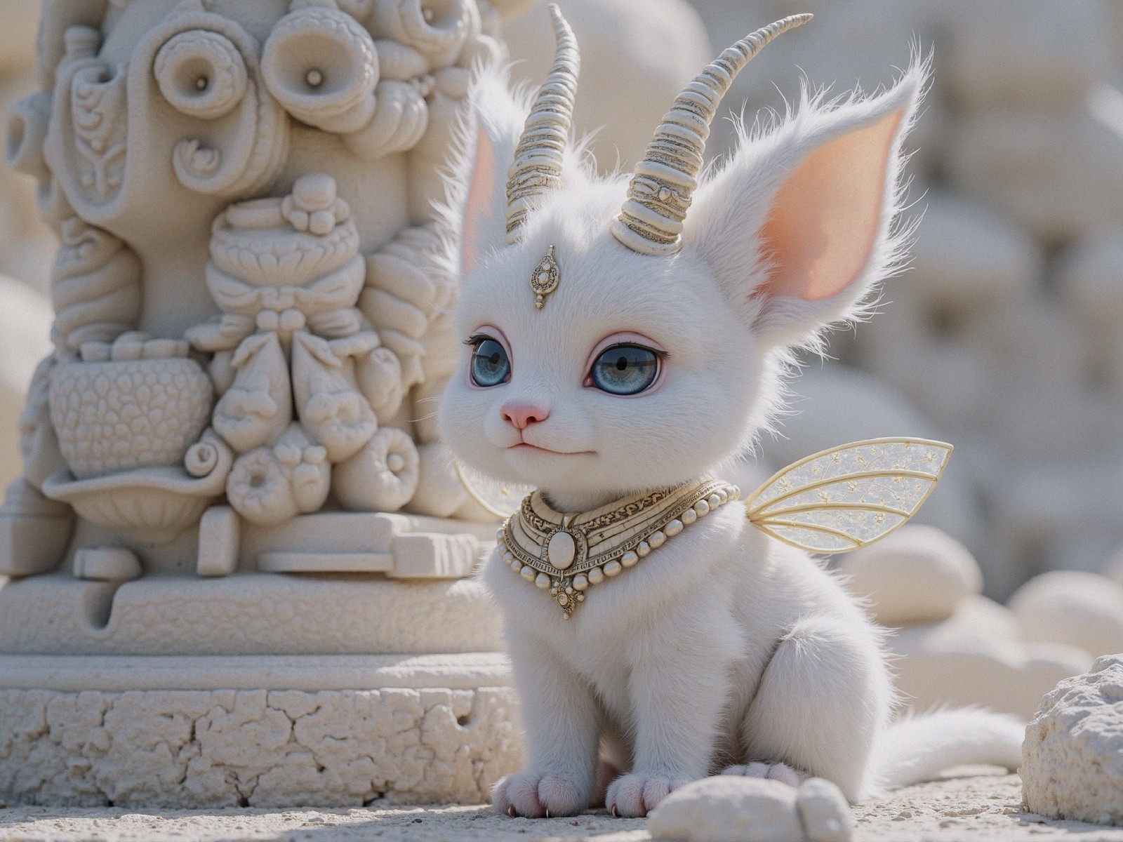 Fluffy White Cat-Like Creature with Wings and Horns