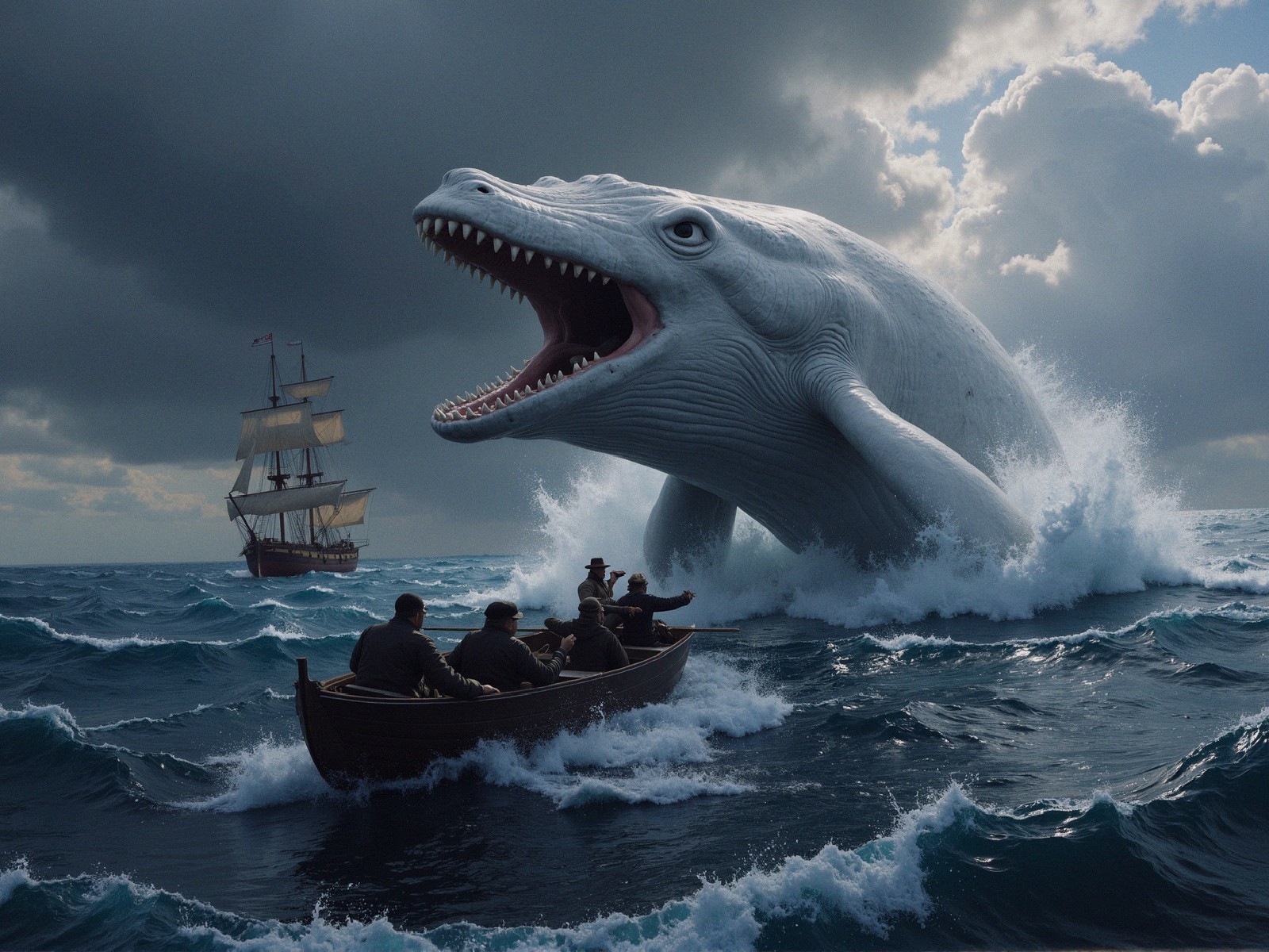 Dramatic Seascape with White Whale and Small Boat
