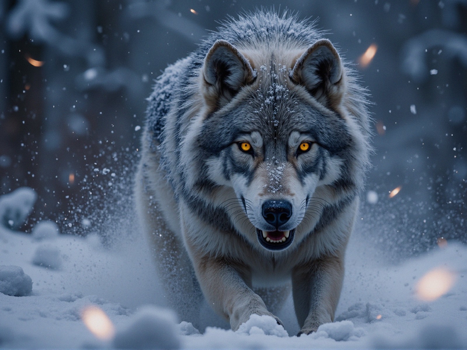 Majestic wolf in snowy landscape with amber eyes