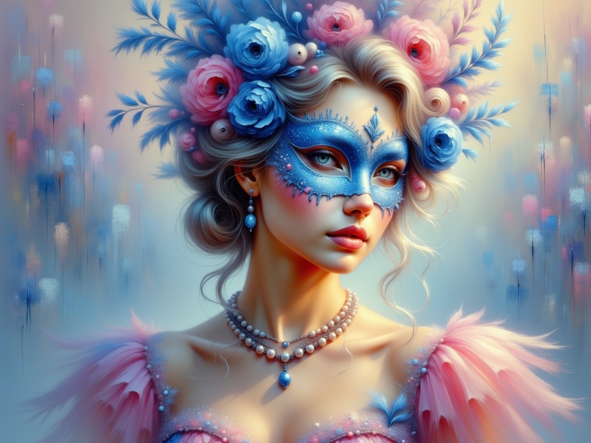 Woman in Blue Mask with Floral Hair and Pastel Background