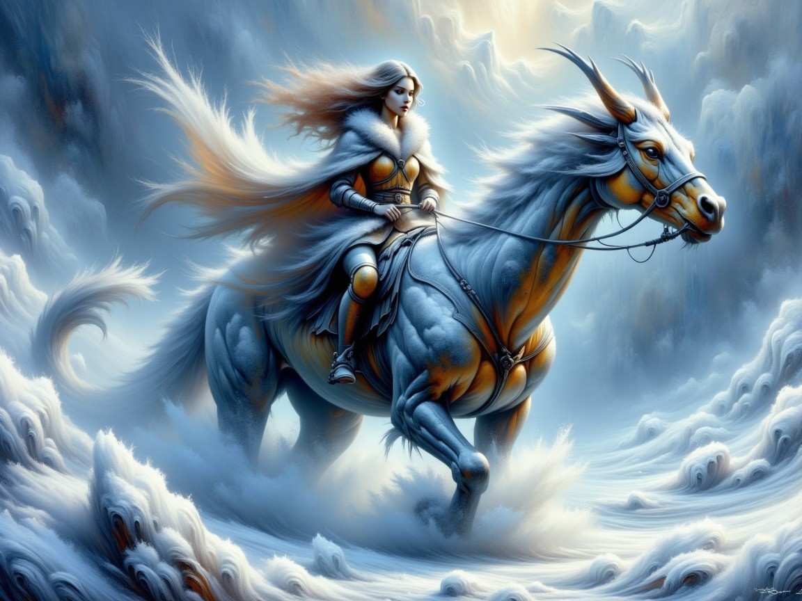 Majestic Rider on White Horse in Ethereal Clouds