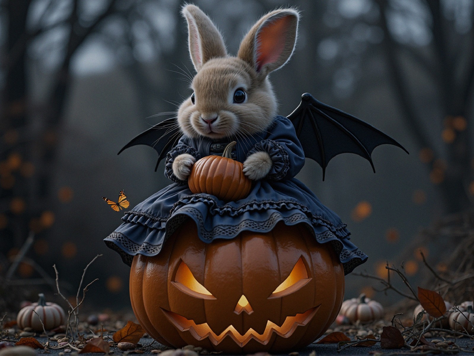 Charming Rabbit in Dress on Carved Pumpkin Scene