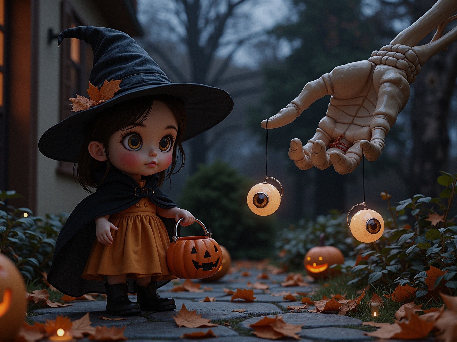 Whimsical Halloween Scene with Witch Doll and Pumpkins