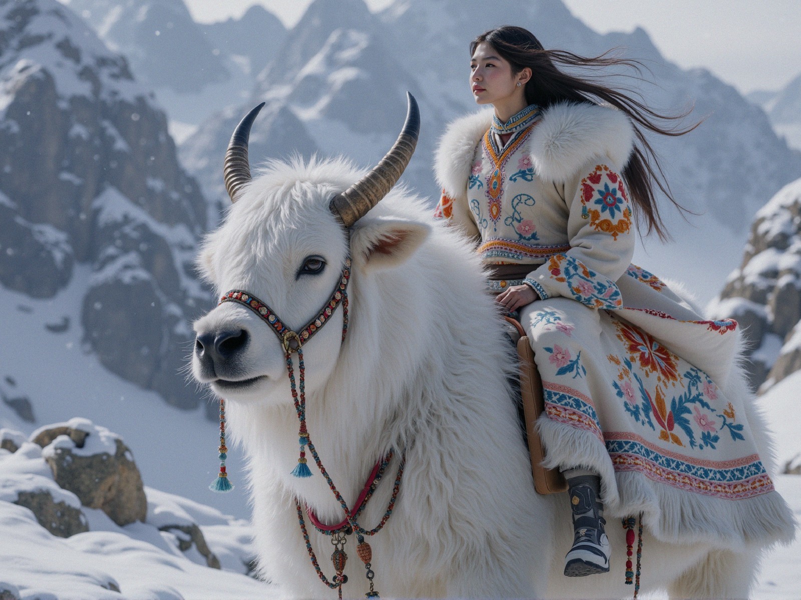Young Woman in Traditional Attire on White Yak in Snow