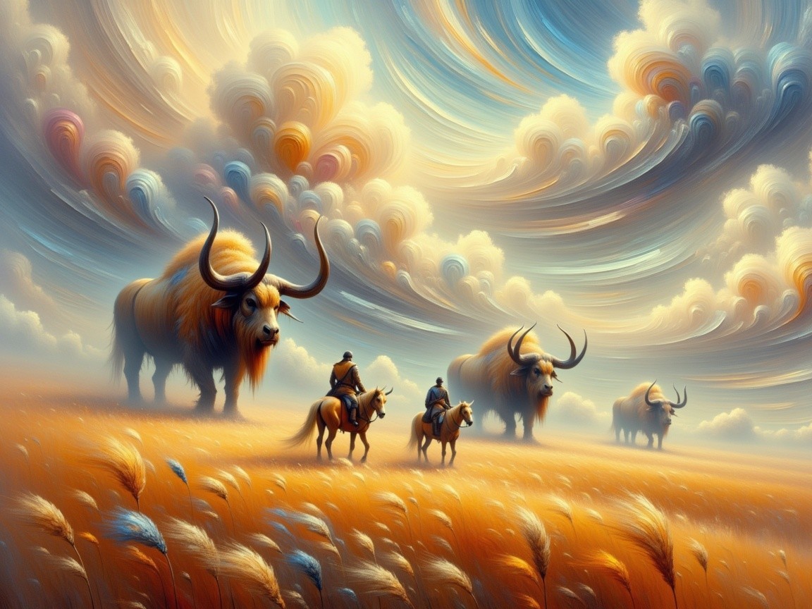 Surreal Landscape with Buffaloes and Dreamlike Sky