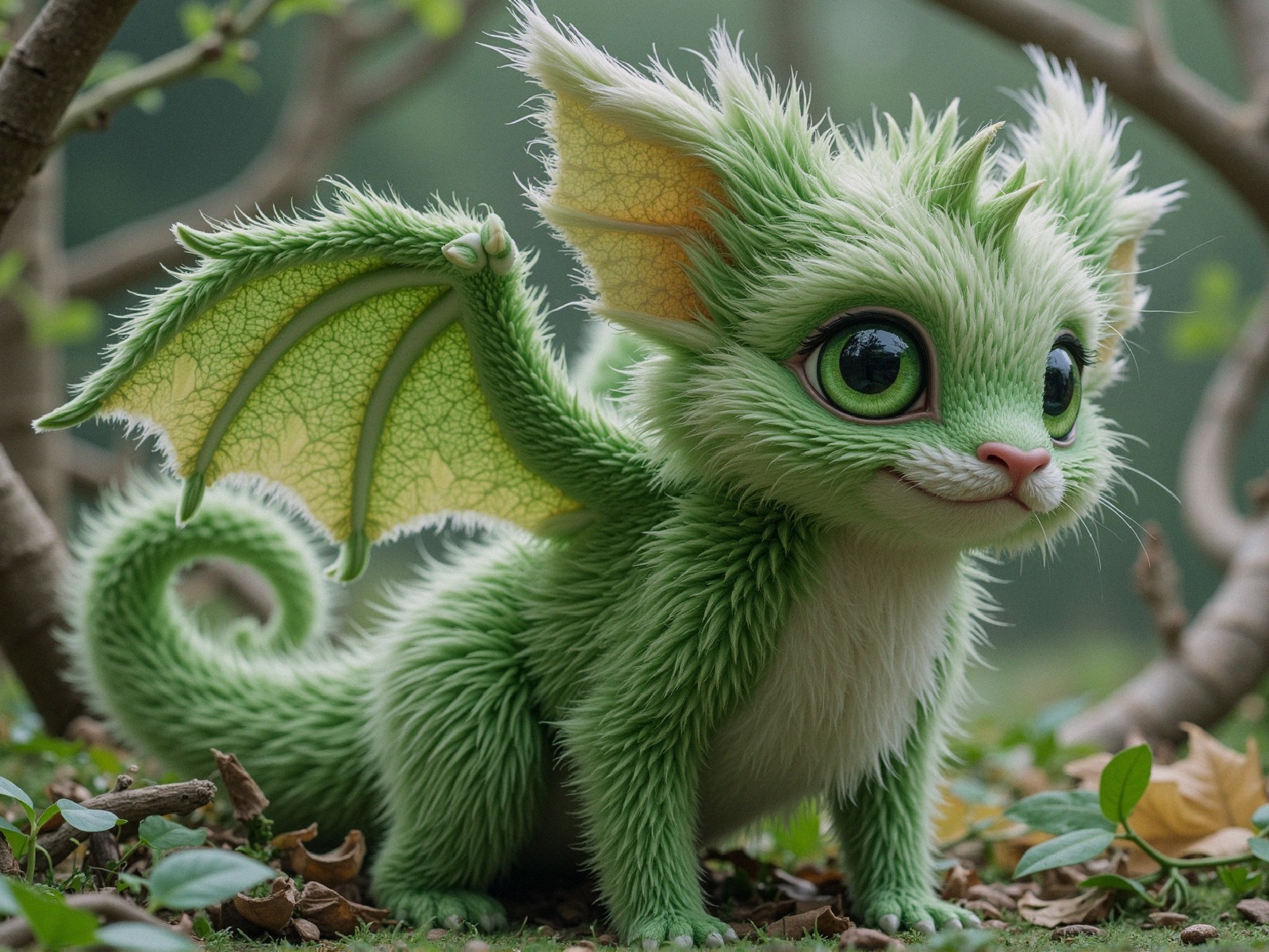 Fluffy Green Dragon-Like Creature in Nature Setting