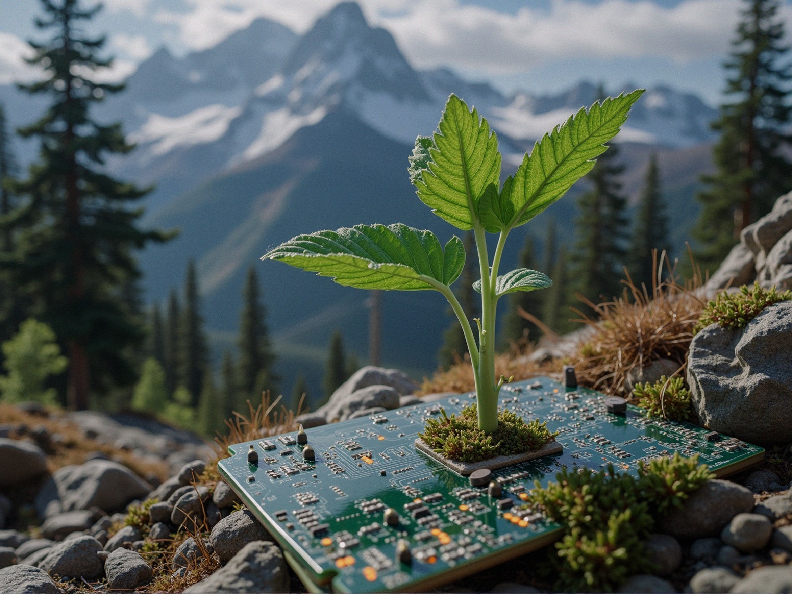 Green Plant on Circuit Board Amidst Mountain Landscape