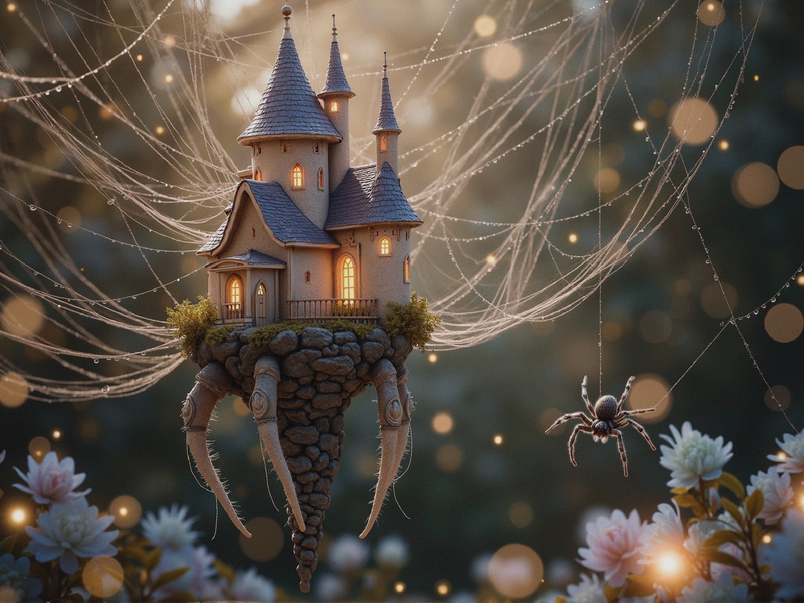 Charming Castle Surrounded by Spider Silk in Fairy Tale Scene