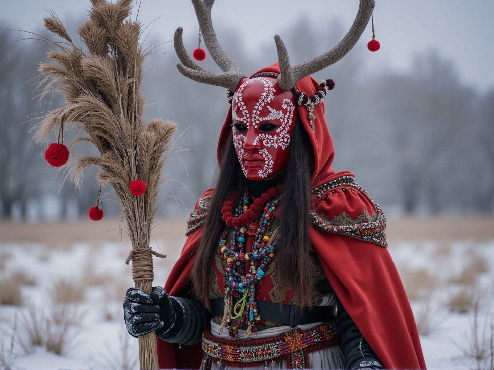 Red Hooded Figure in Snowy Field with Antlers and Pom-Poms