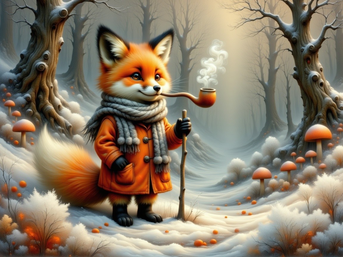 Whimsical Winter Forest with Fox in Cozy Attire