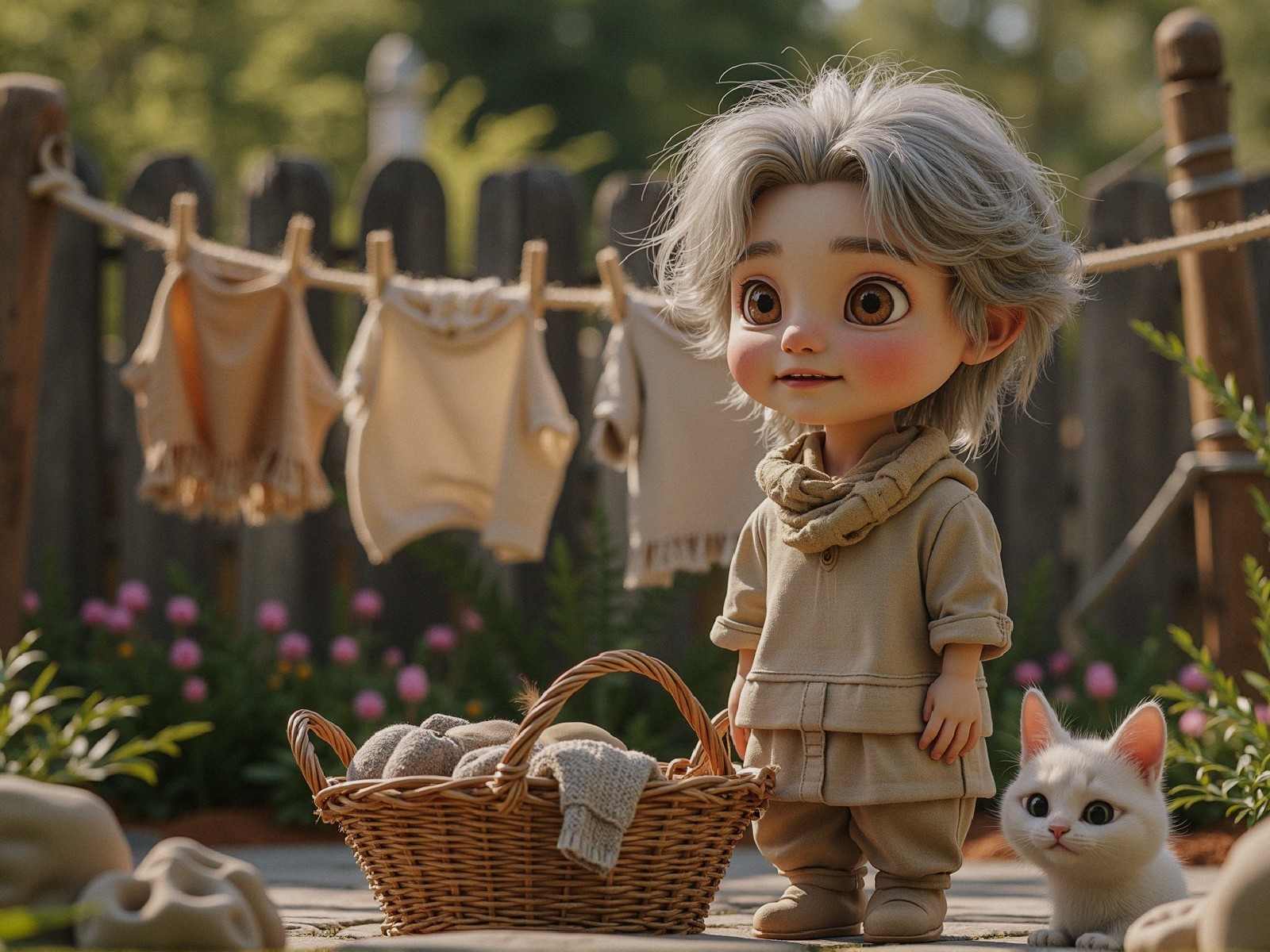 Child-like character with silver hair in serene setting