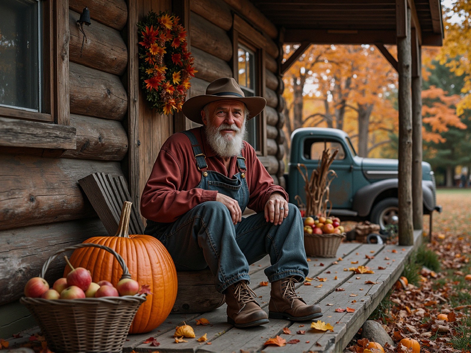 Elderly Man on Porch with Pumpkin and Autumn Leaves