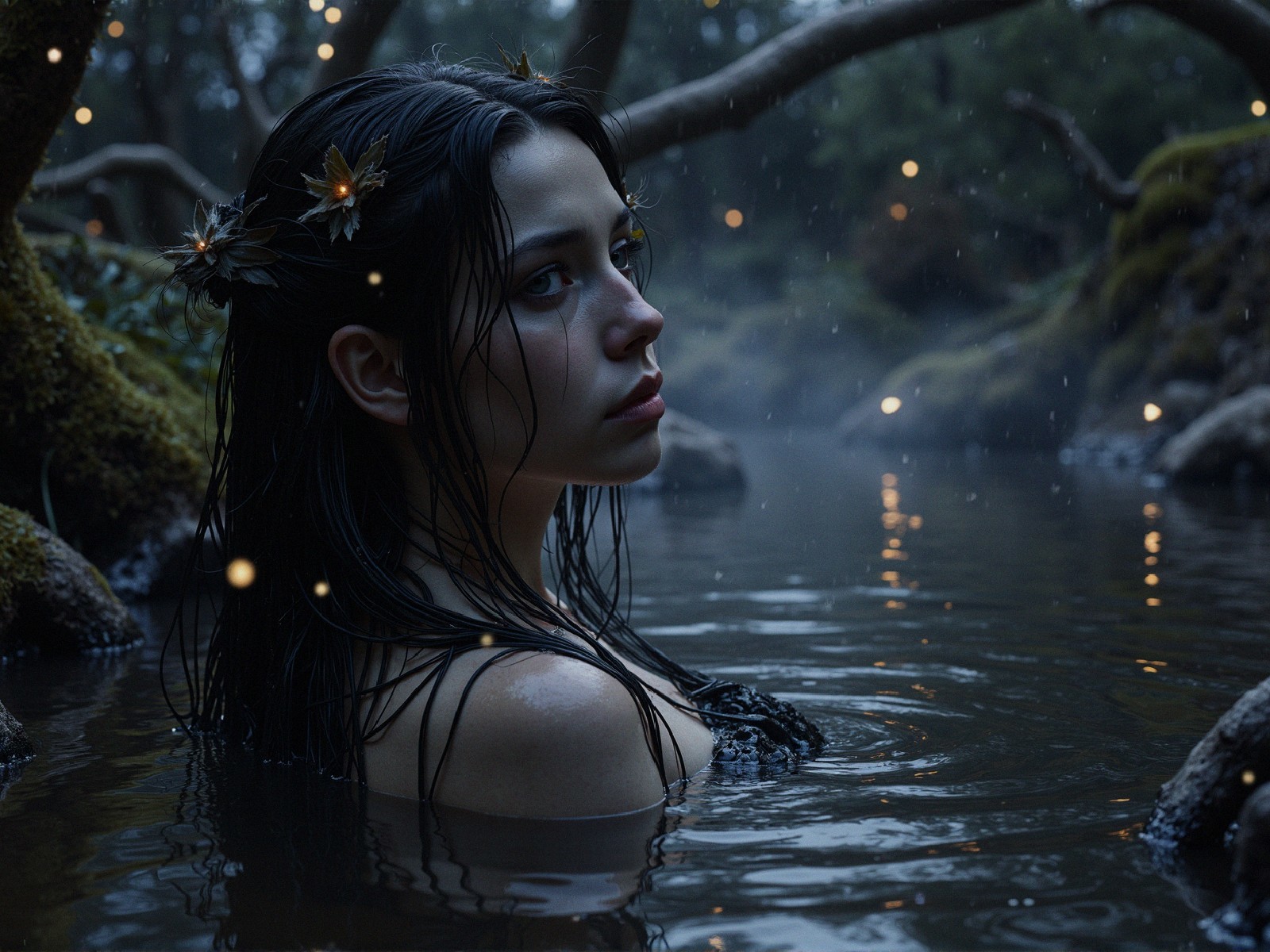 Misty Forest Scene with Young Woman and Flower Crown
