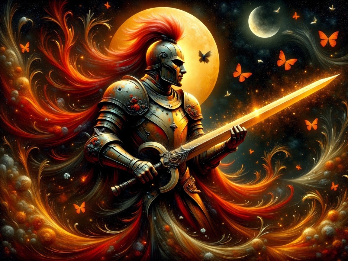 Majestic knight in ornate armor with glowing sword