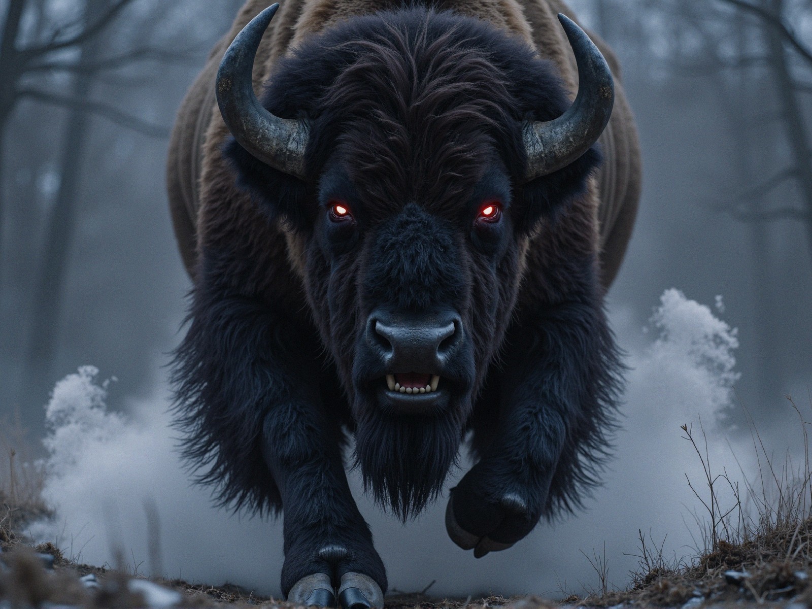 Bison Charging in Misty Winter Forest Scene