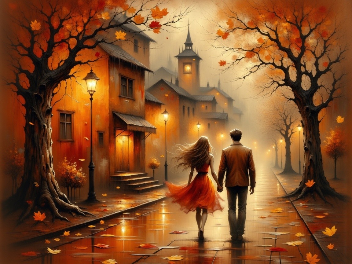 Romantic Autumn Stroll on a Misty Cobblestone Street