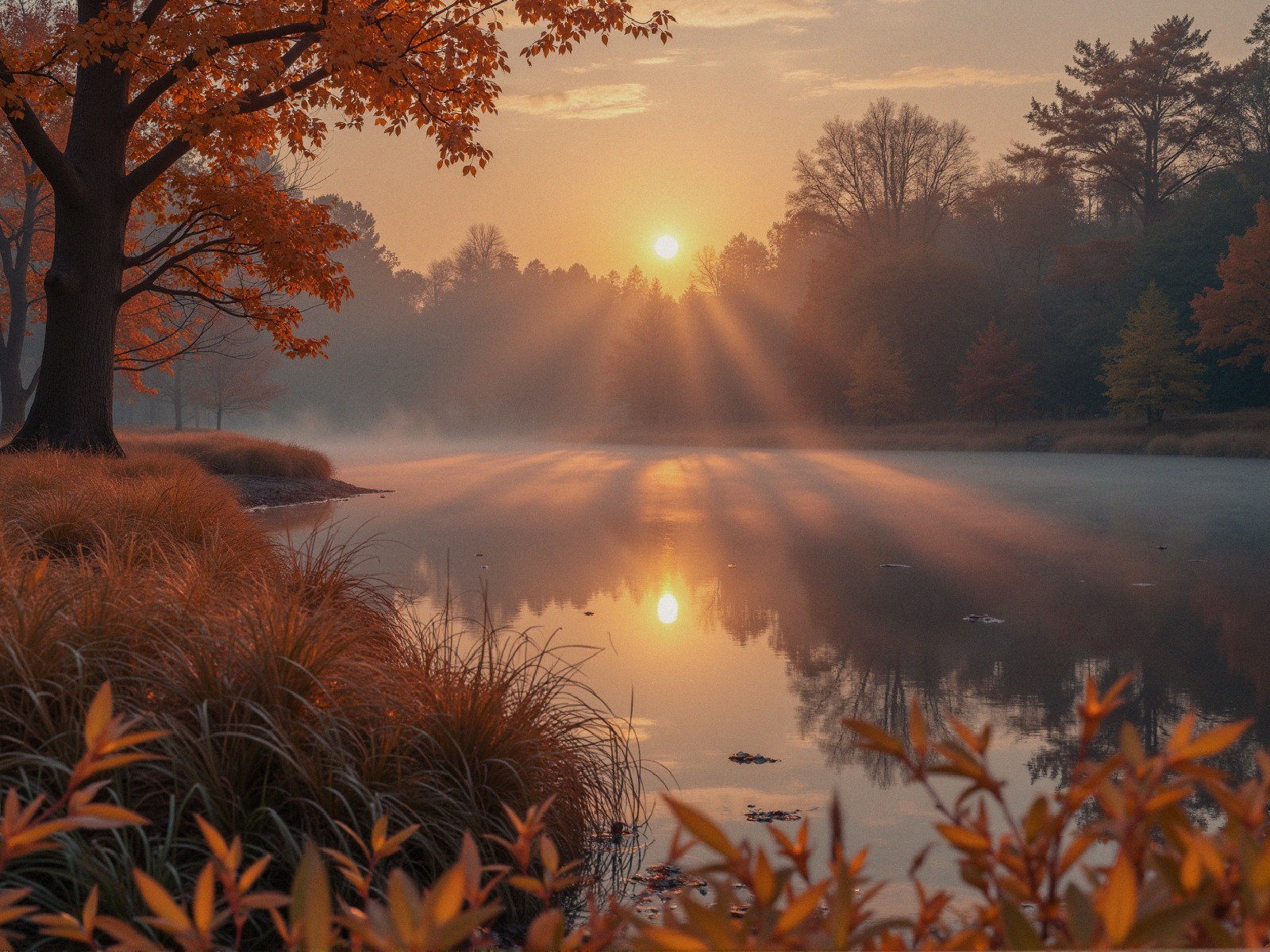 Serene Dawn Landscape with Calm Lake and Autumn Trees