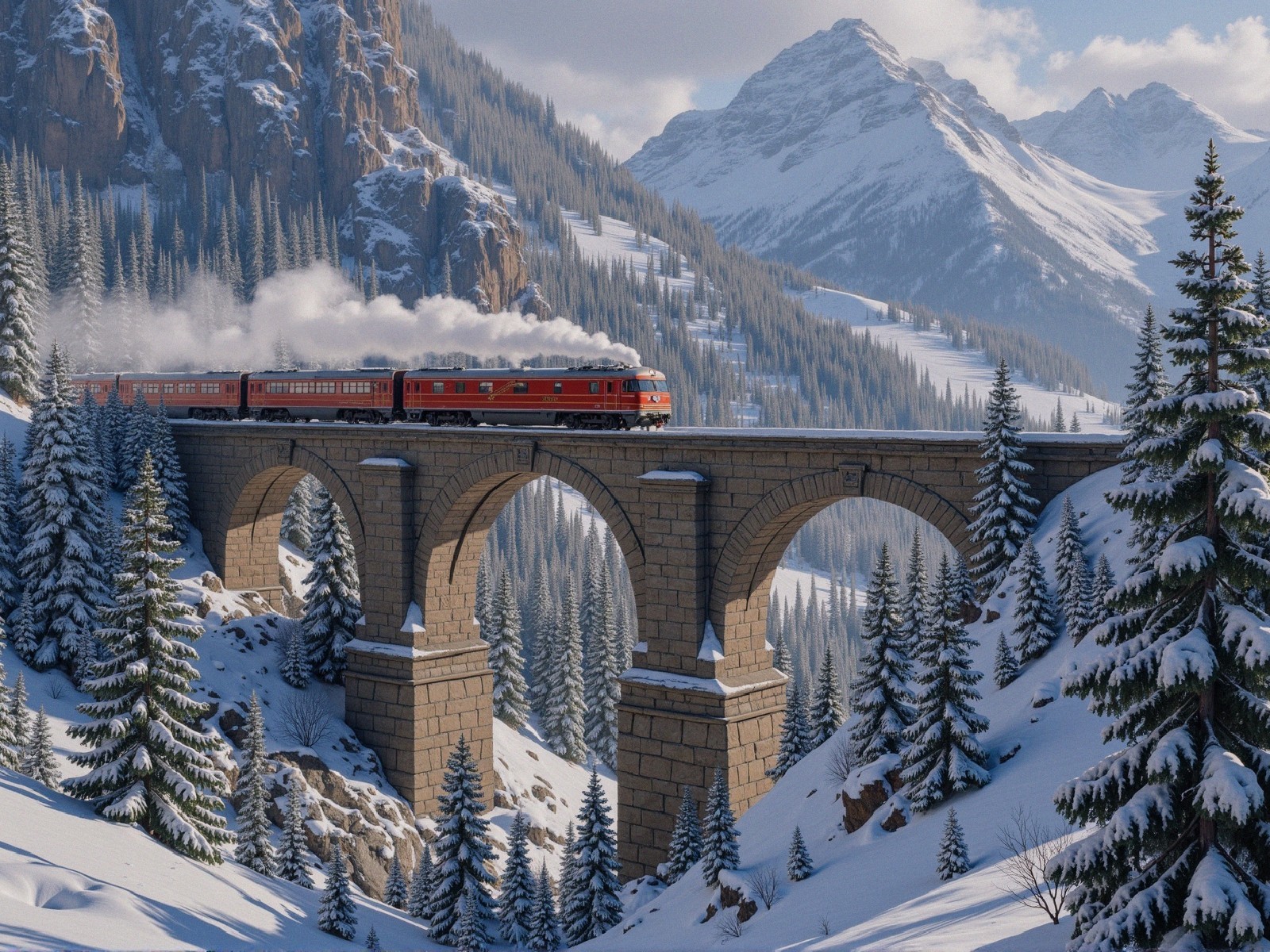 Red Train Locomotive on Stone Bridge in Winter Scene