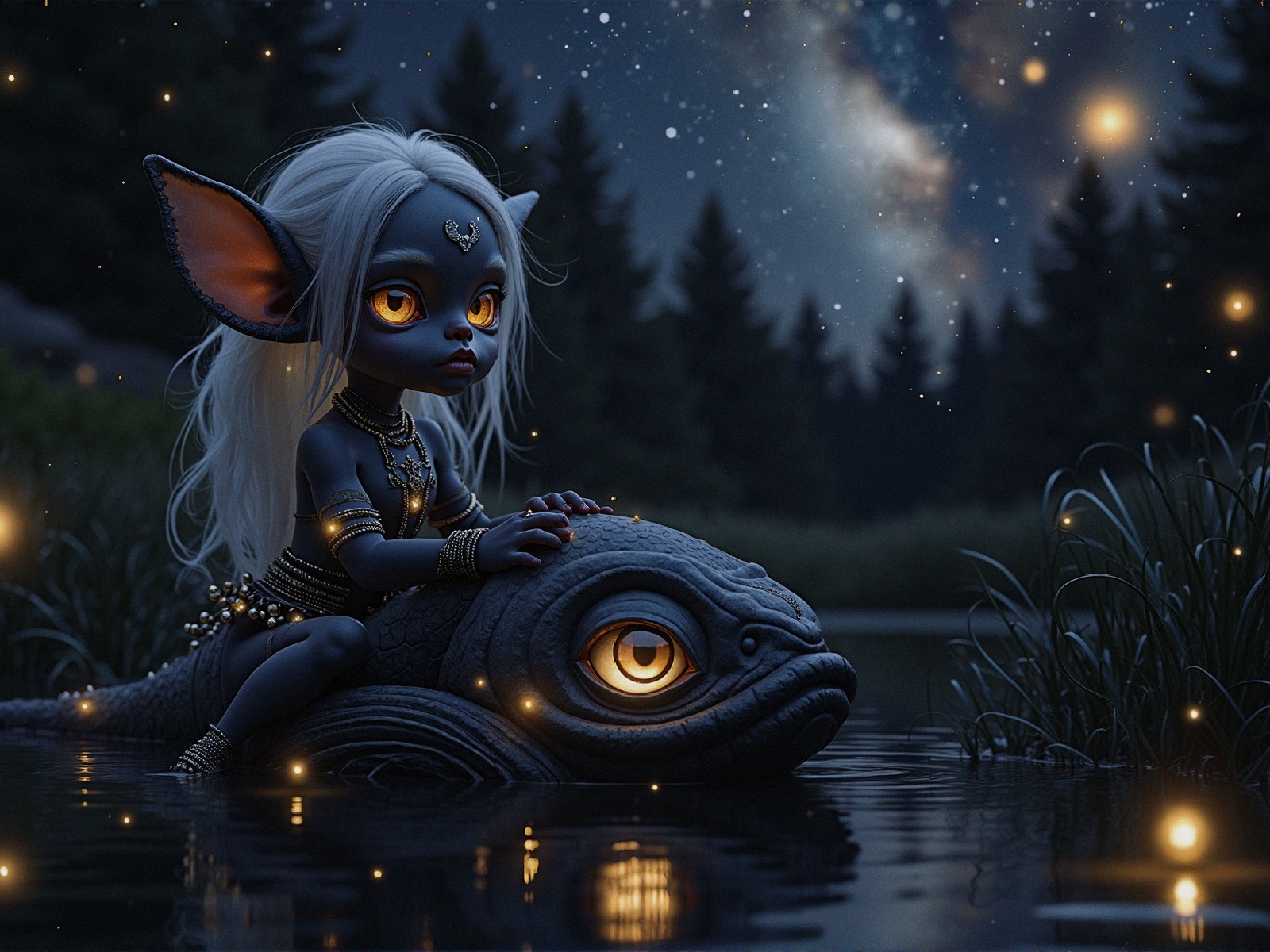 Whimsical Creature Under Starlit Sky with Mystical Beings