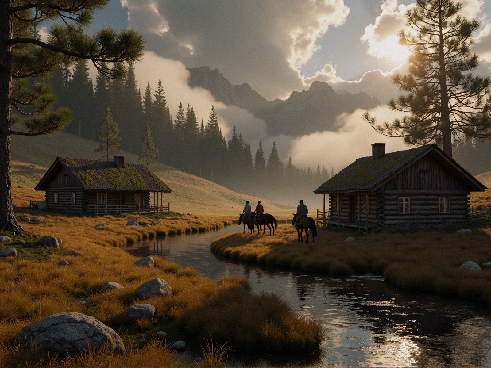 Rustic Cabins by River in Serene Mountain Landscape