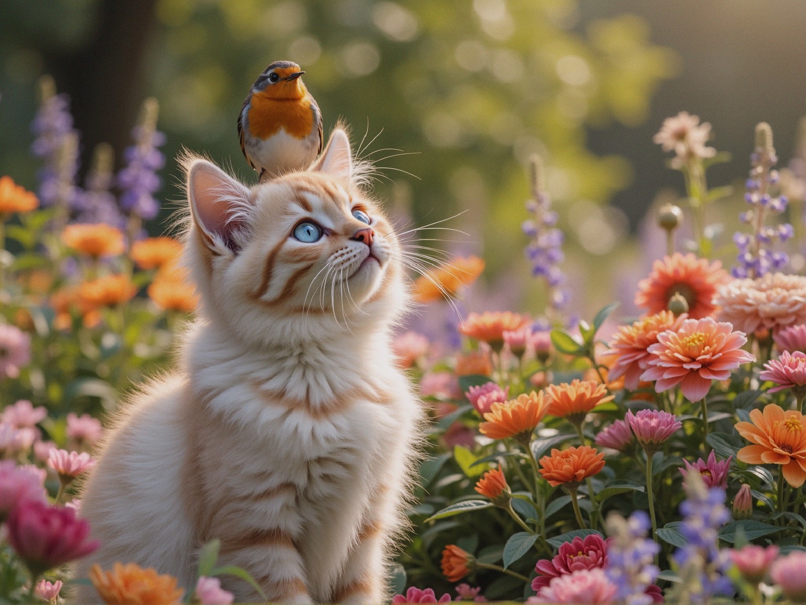 Cream Cat with Blue Eyes in Colorful Flower Garden