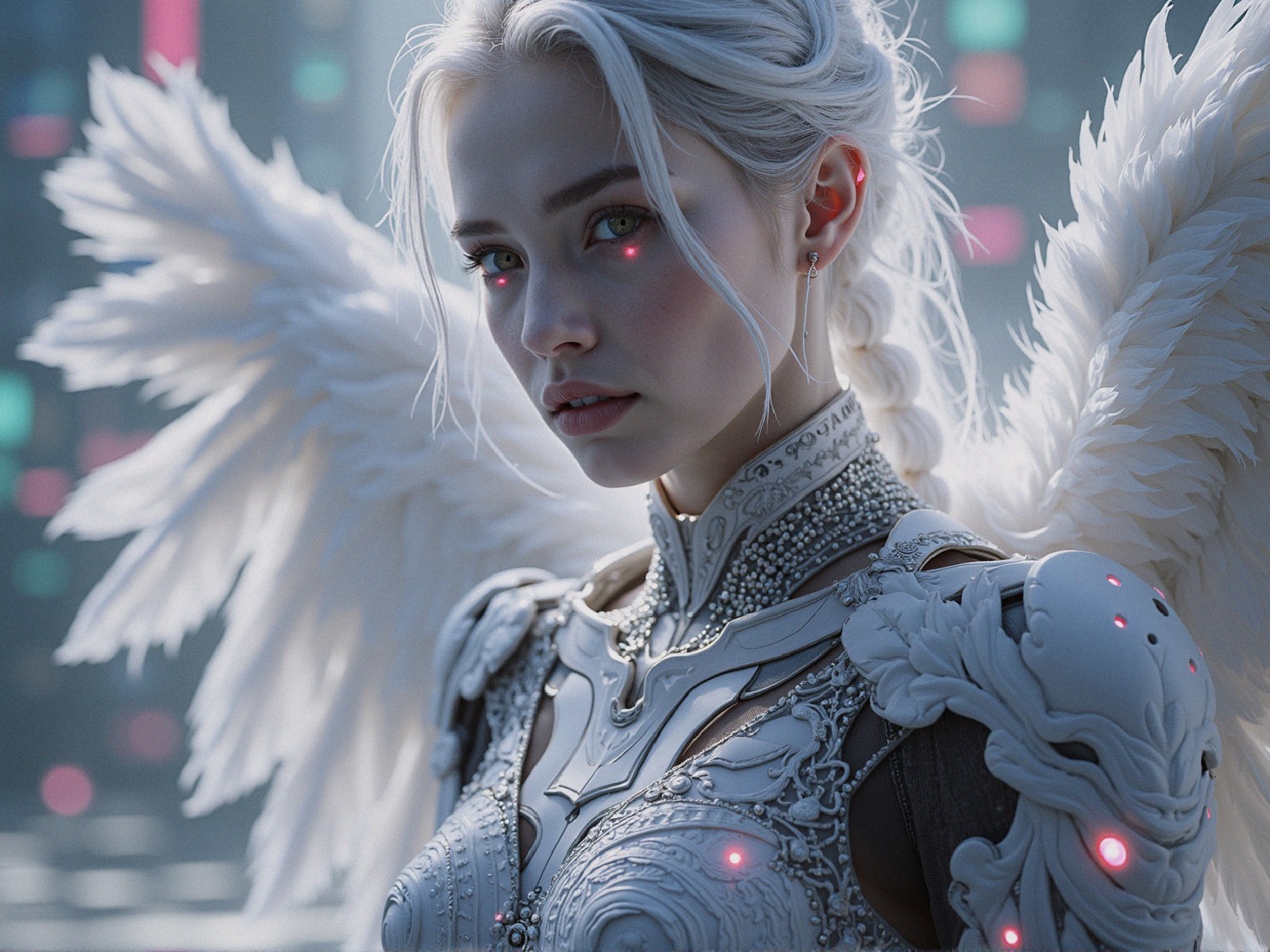 Futuristic Character with Ethereal Wings and Armor