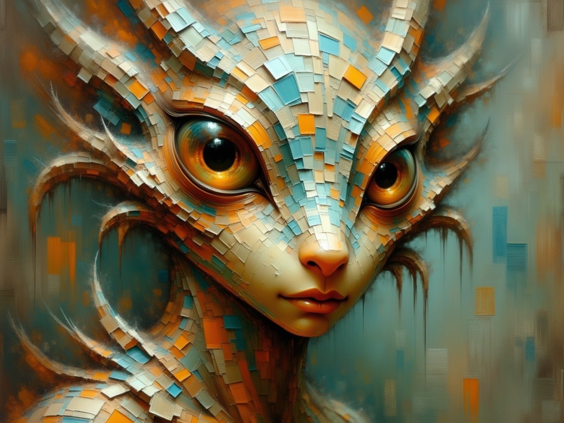 Humanoid figure with colorful tiled face and spiky hair
