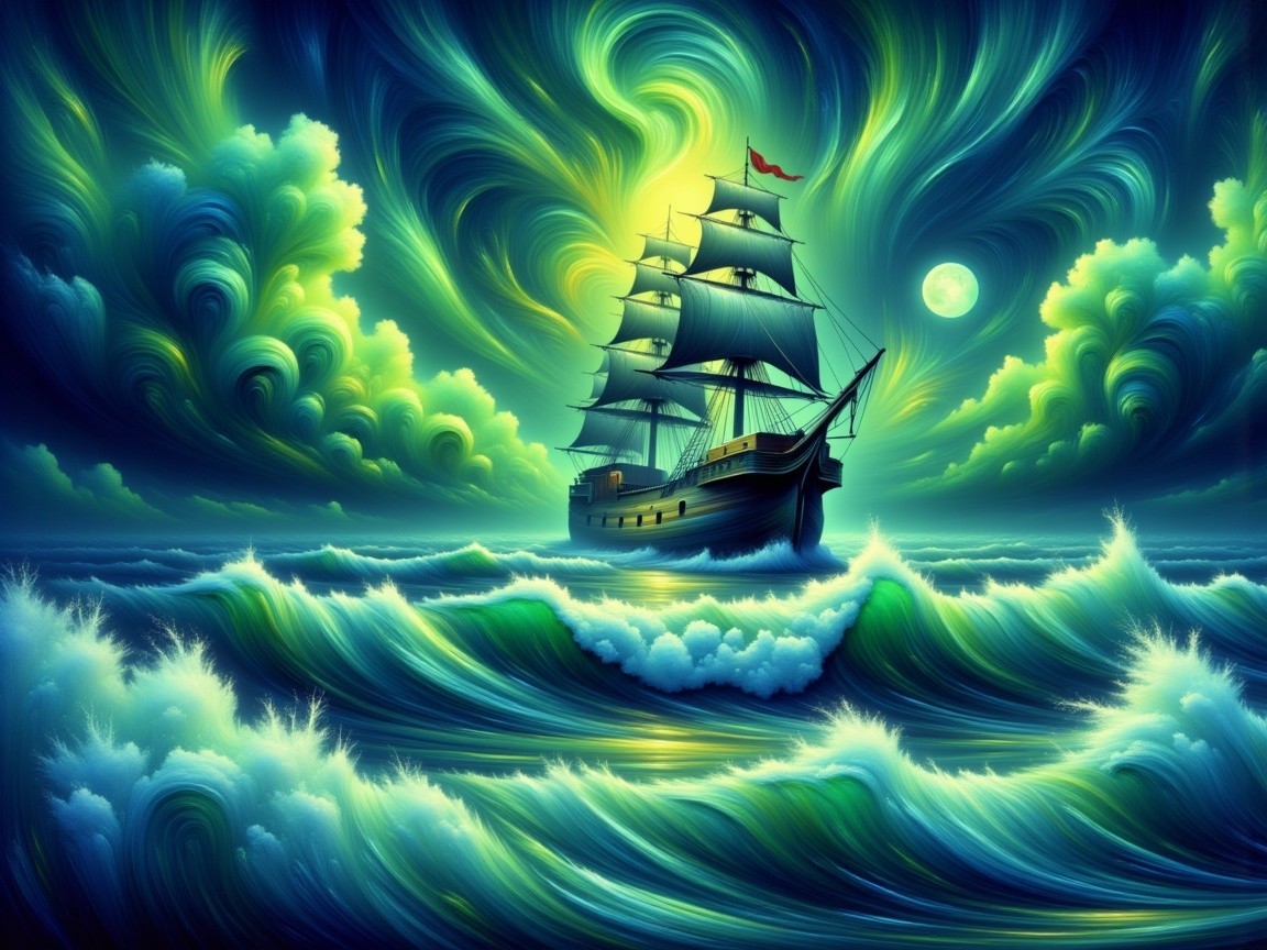 Sailing Ship Navigating Turbulent Waves at Night