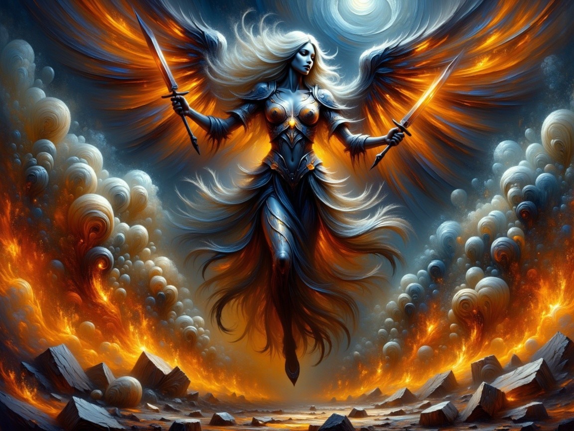 Fierce Warrior Angel with Swords and Fiery Wings