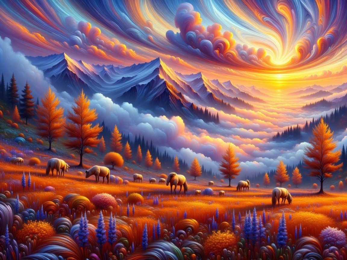 Vibrant Landscape with Sunset, Mountains, and Horses