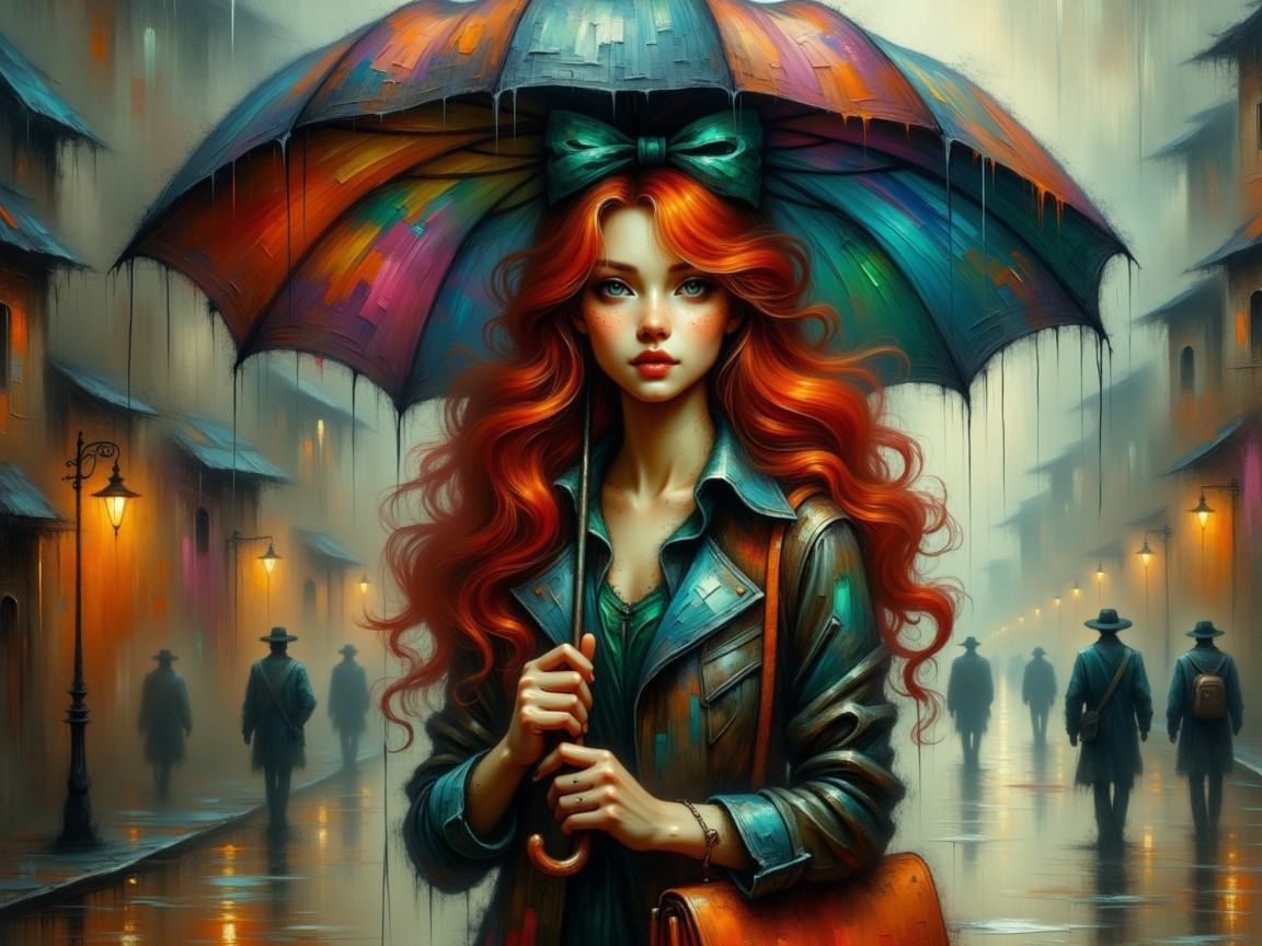 Young woman with red hair under umbrella in misty street