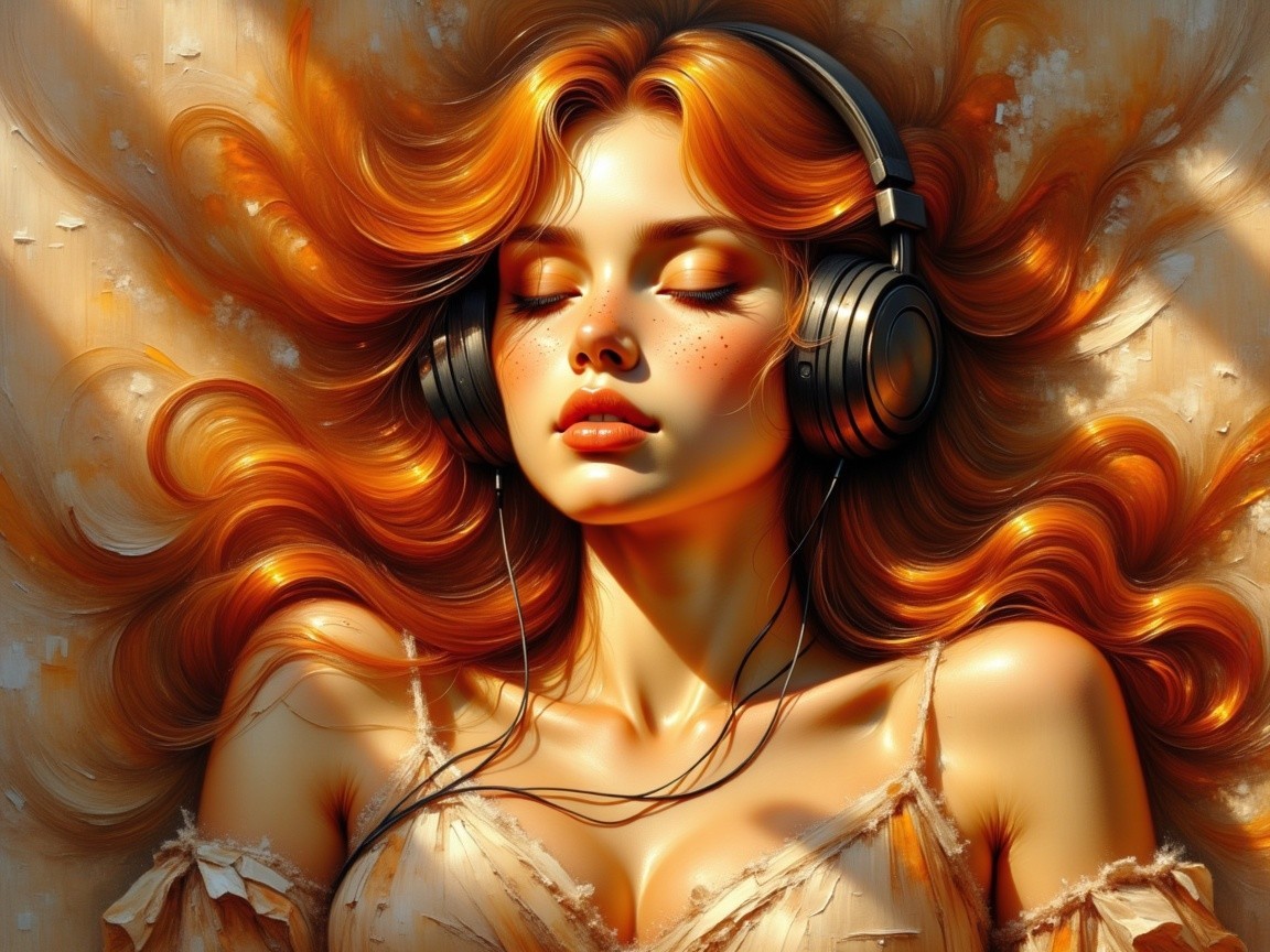 Serene Young Woman with Orange Hair and Headphones