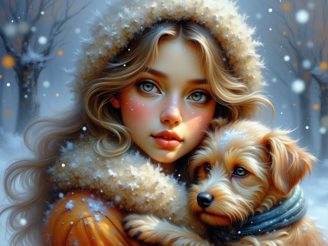Young woman in snowy landscape with fluffy dog