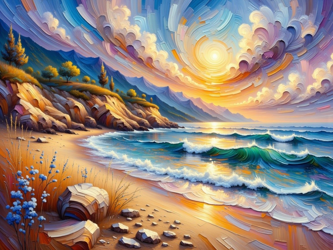 Vibrant Sunset Over Tranquil Beach and Lush Shoreline