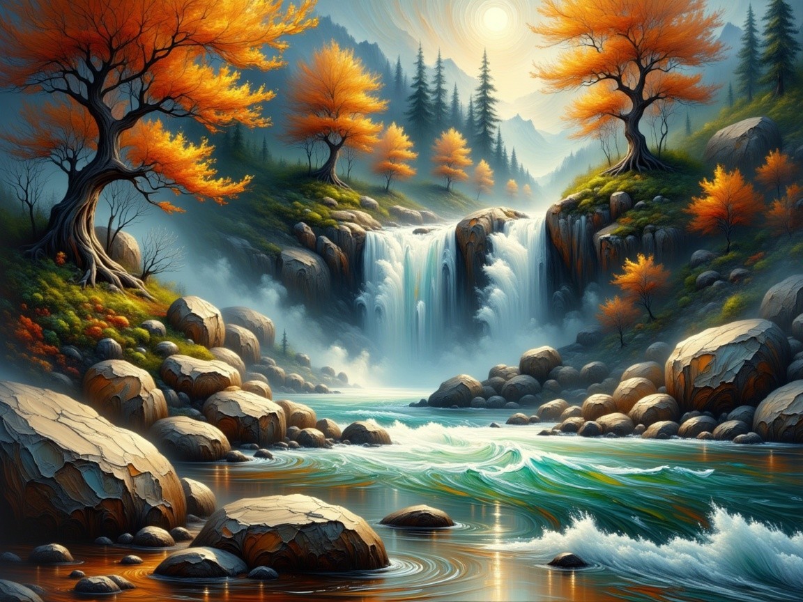 Cascading Waterfall in Autumn Landscape with Mist
