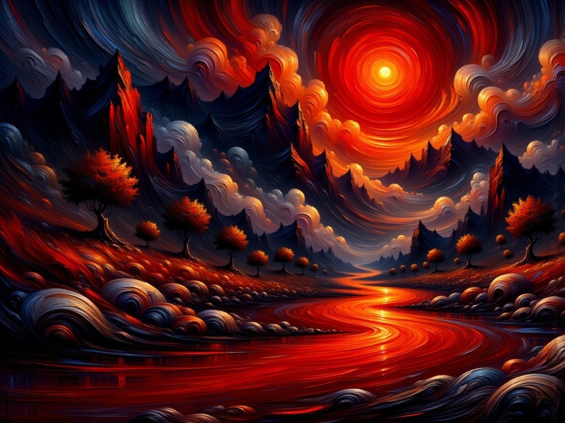 Vibrant Landscape with Swirling Red and Orange Hues