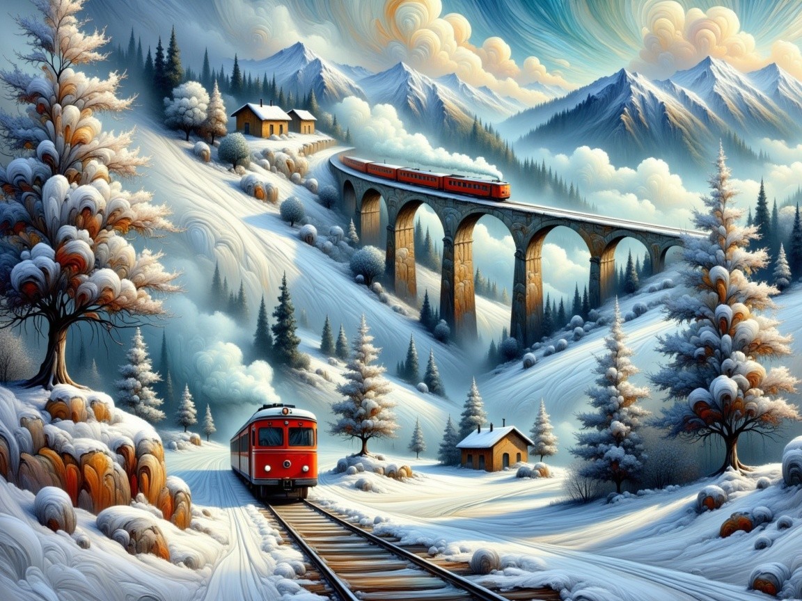 Winter Landscape with Snowy Mountains and Trains
