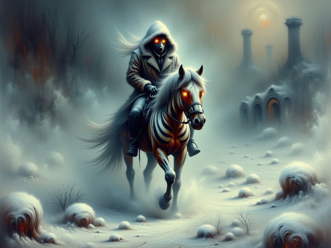 Mysterious Figure on Spectral Horse in Foggy Landscape
