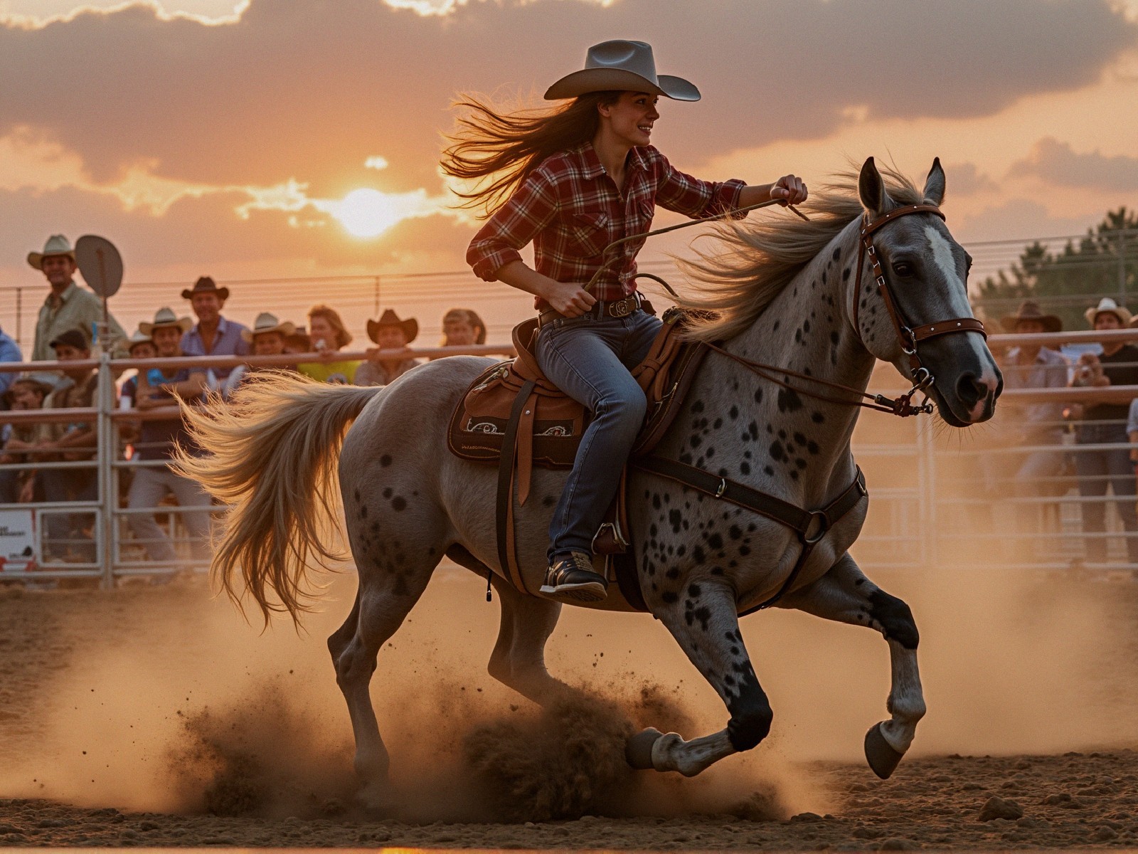 Young Woman Riding Gray Horse at Sunset Rodeo