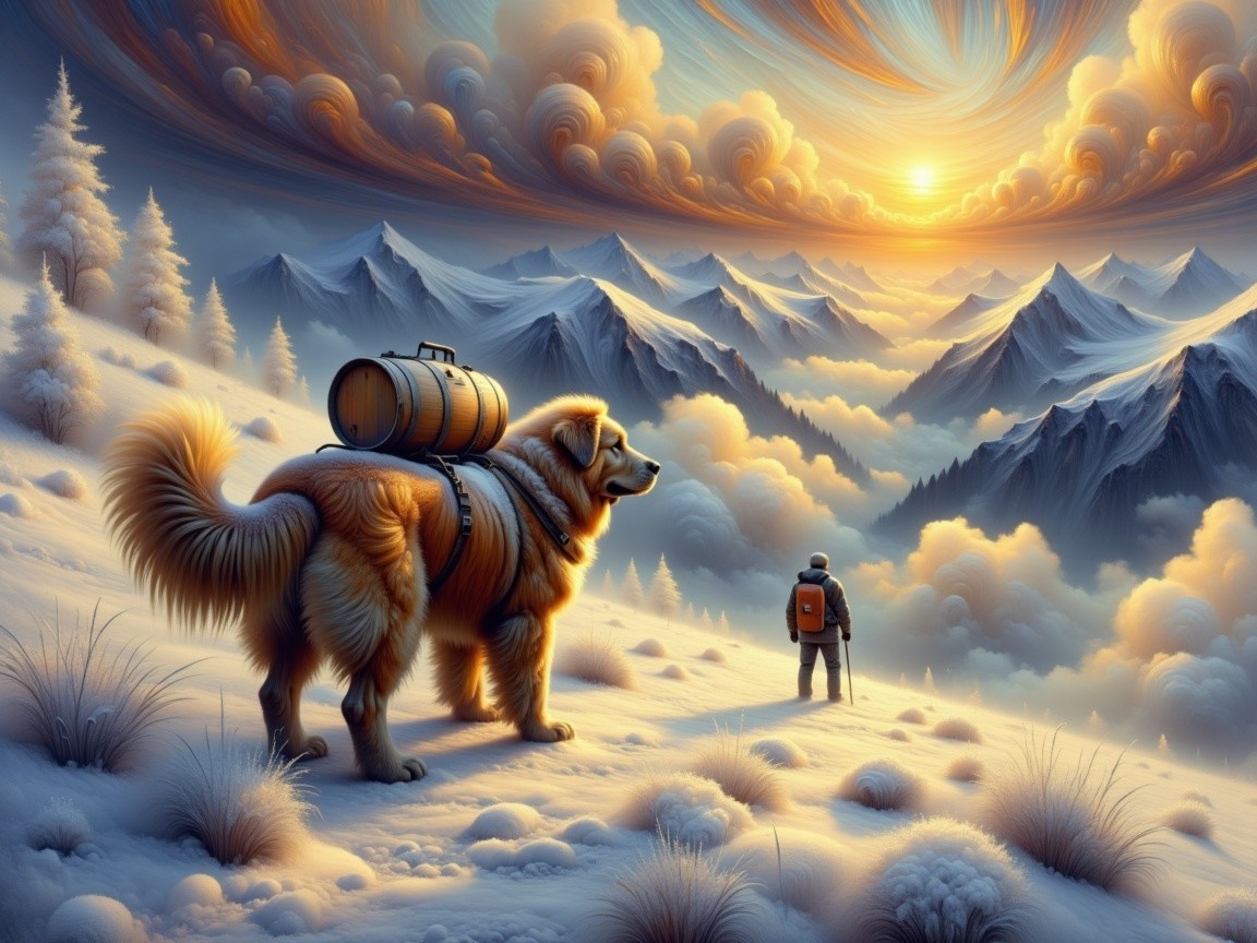Fluffy Golden Dog and Hiker on Snowy Mountain Trail