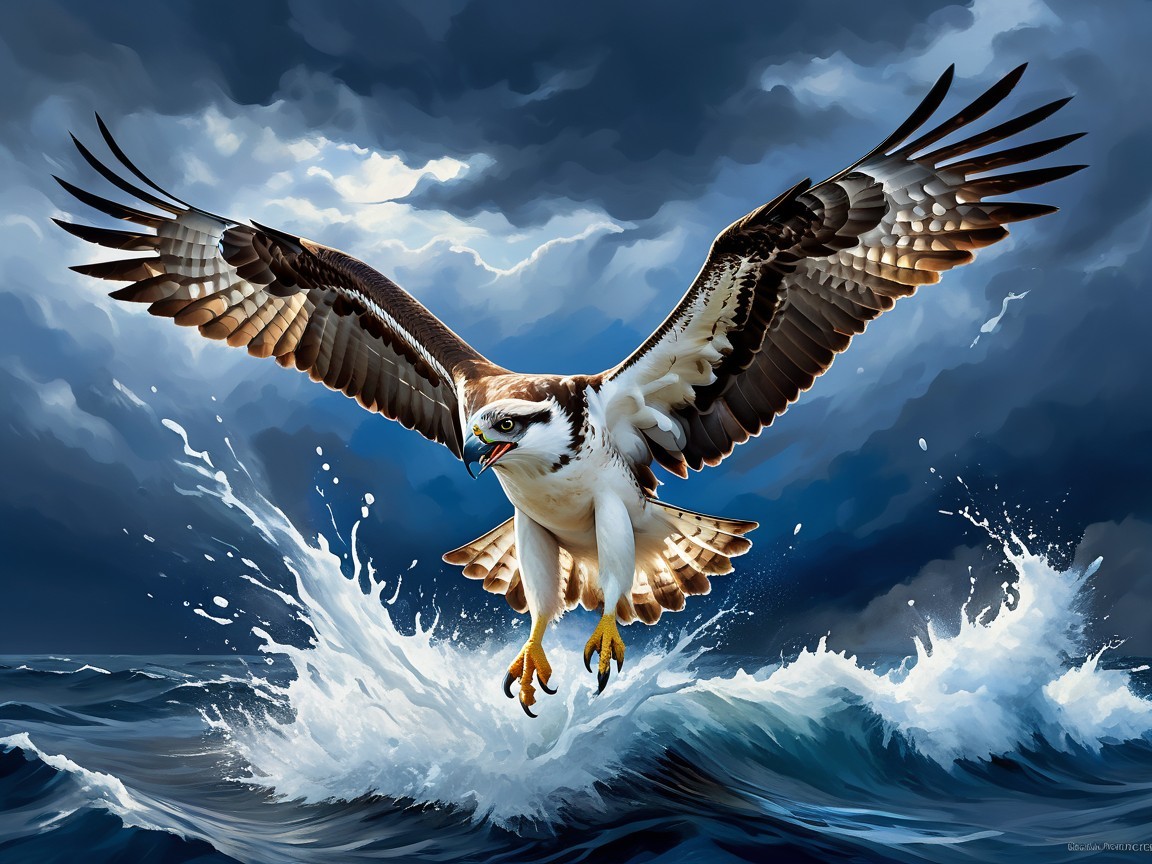 Osprey Flying Over Turbulent Ocean Waves and Clouds