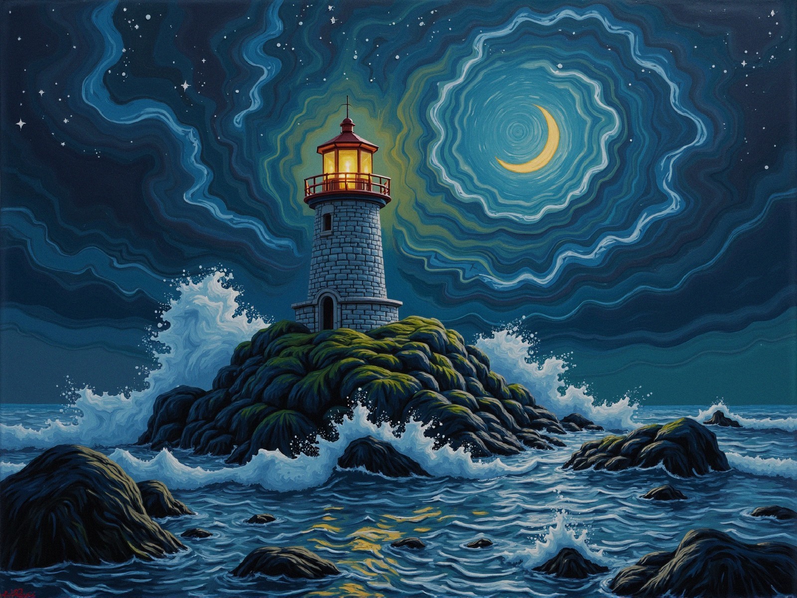 Lighthouse on Rocky Outcrop Under Starry Night Sky