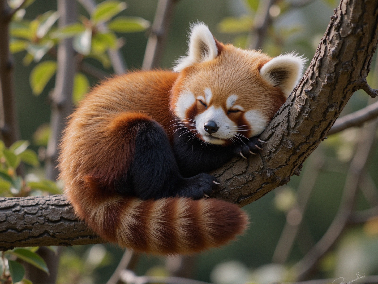 Red Panda Sleeping on Tree Branch in Natural Habitat