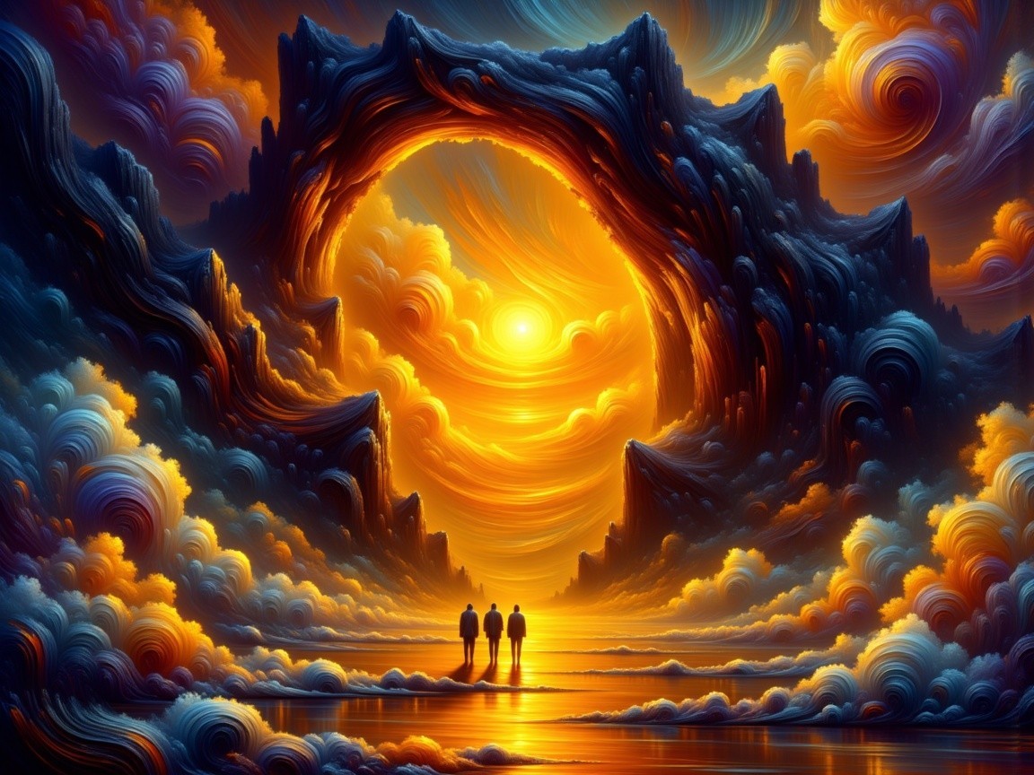 Surreal Landscape with Figures and Vibrant Archway