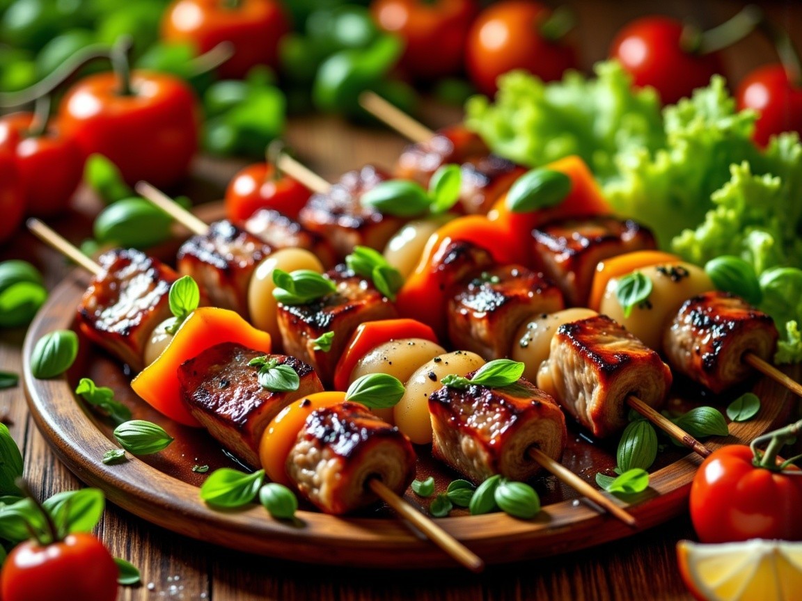 Grilled Skewers Platter with Vegetables and Garnishes